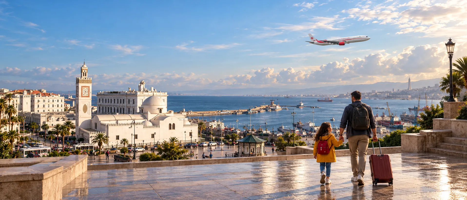 Famille arrivant sur une terrasse face à la baie d'Alger