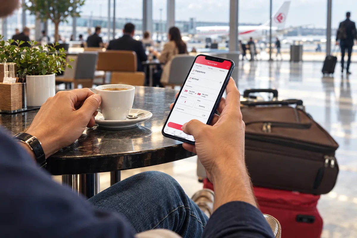 Voyageur consultant l'application Air Algérie avant son départ